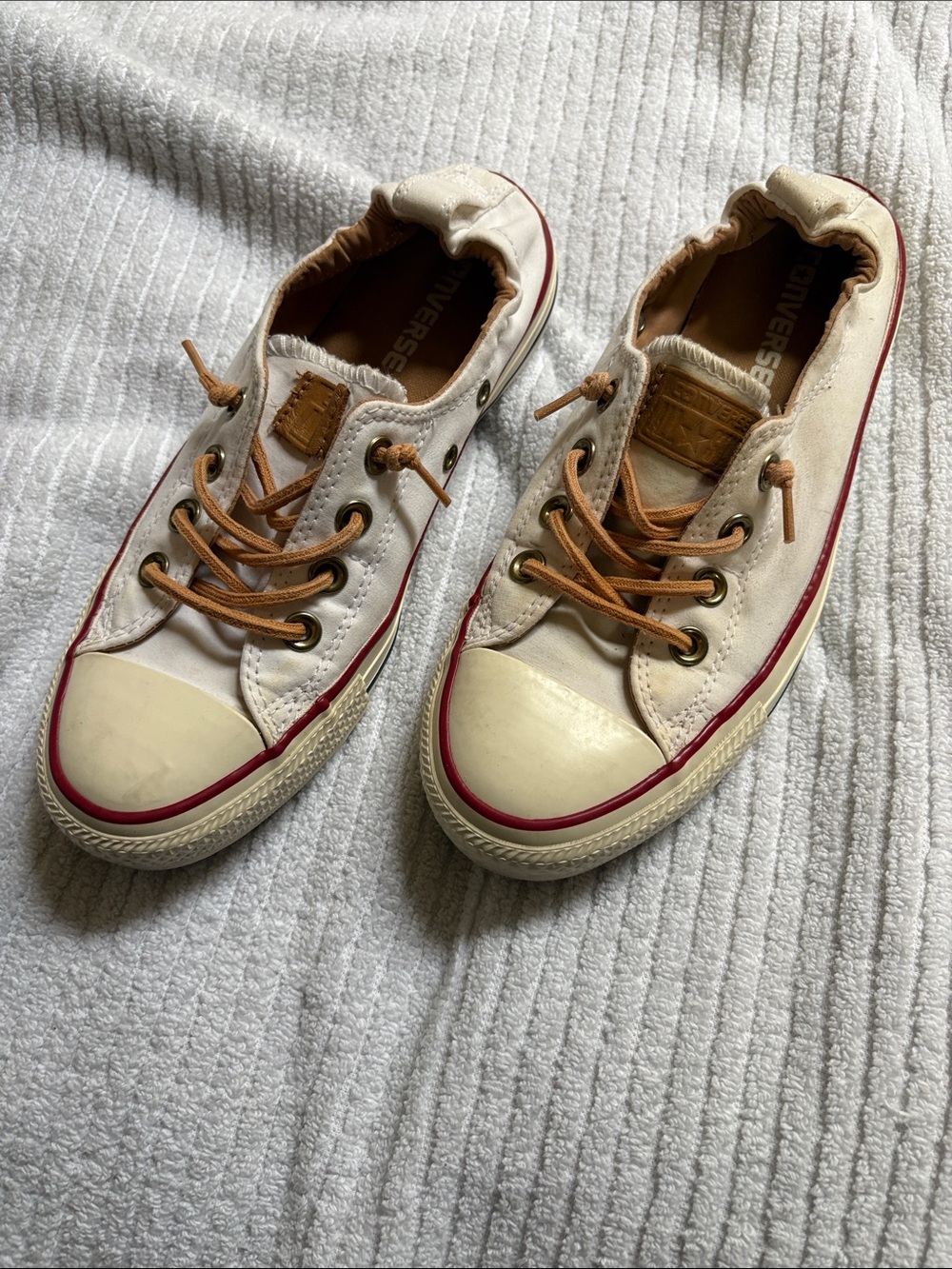 Converse Low-Top Canvas Sneakers in Cream with Tan Laces and Red Trim